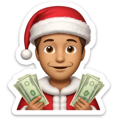A confident rich emoji face wearing a Santa hat, money stacks, casino vibe, New Year theme, premium 3D emoji style, sharp details, no t sticker