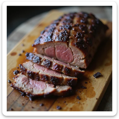 smoked beef brisket, juicy slices, visible smoke ring, rustic serving board, appetizing, realistic, no text sticker