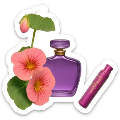 Aesthetic display of blush violet nasturtiums, an elegant deep pink perfume bottle, and a vintage love violet letter written in flowing script. sticker