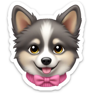 Pomsky wearing a pink bow and a pink sweater sticker