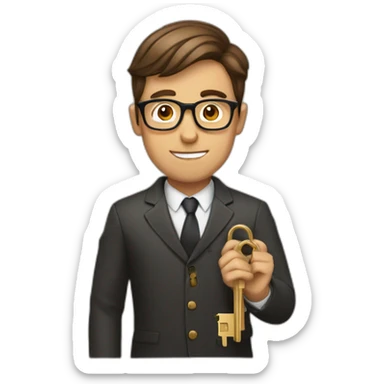 brown-short-haired classy man wearing glasses struggling to fit a key into a lock sticker