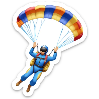 A skydiver free-falling through the sky, with a brightly colored parachute open above them. The background features a vast blue sky dotted with fluffy clouds, birds soaring nearby, and a plane flying off in the distance, emphasizing the thrill and freedom of the sport. sticker