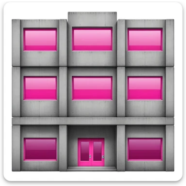 Wide brutalist concrete building with a central bright pink window surrounded by multiple regular windows sticker