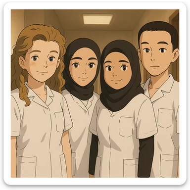 Four nursing students standing side by side indoors, each wearing a white short-sleeved uniform with a V-neck medical tunic, left chest pocket, no collar stand, no stethoscope, nothing protruding from the short sleeves, soft ambiance, no feet visible, in Ghibli style. sticker