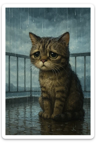 sad cat waiting for owner outside on balcony during rain sticker