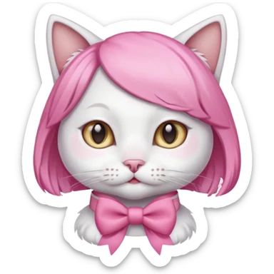 White cat wearing pink wig and bow sticker