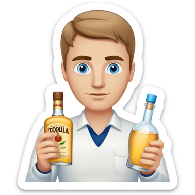 white guy light brown hair and eyebrows holding a bottle of tequila blue eyes  sticker