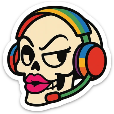 a sassy skull with a rainbow headset and lipstick, vibrant toon style, for an inclusive gaming group called Respawn Sluts sticker