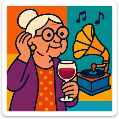 old lady with wineglass listening to gramophone sticker