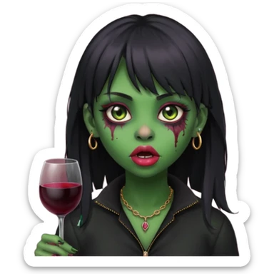 uma garota ZUMBI (cor de pele verde), com piercing na boca e no nariz, com olhos vinhos, cabelos pretos e com franja, e roupa preta sticker