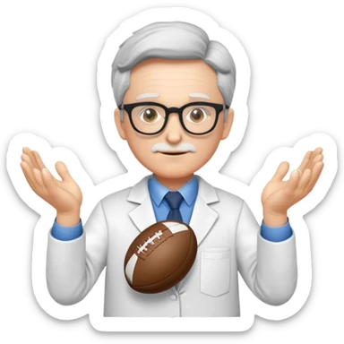 professor with glasses and academic attire with hands positioned as if gripping an invisible rugby ball sticker