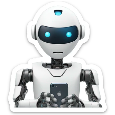 a humanoid robot looking at his iphone sticker