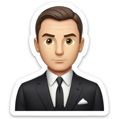 Cinematic Realistic James Bond Portrait Emoji, depicted as a suave, sophisticated secret agent in a tailored suit with a cool, composed gaze and an air of stealth and charm, rendered with crisp textures and dynamic cinematic lighting that captures his timeless espionage allure. sticker