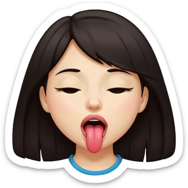 A girl with dark hair, closing her eyes and her mouth wide open while sticking her tongue out sticker