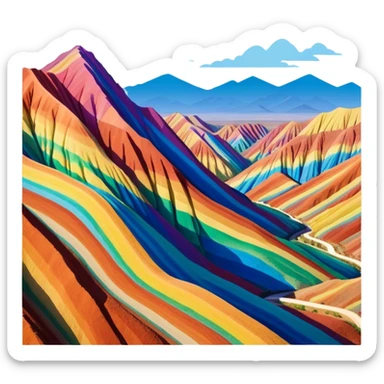 Rainbow Mountains Zhangye Danxia colorful striped hills, simplified emoji style with bold outlines and bright colors, cartoon style multicolored mountain ridges sticker