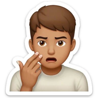 a face biting vos nail while puting a confussion face sticker