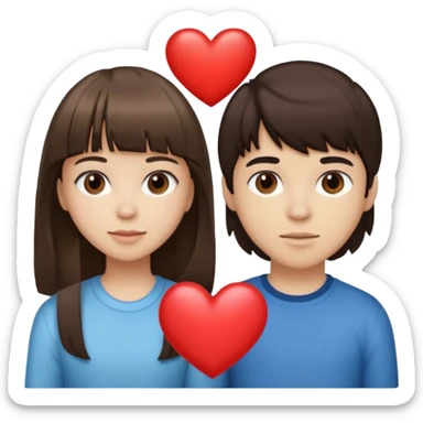 girl brunette with bangs long hair with boy dark brown hair with bangs with straight eyebrows with a light color heart between them. sticker