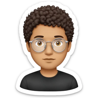 Man with oval face, large oval metallic glasses, short dark curly hair with high fade, neutral-friendly expression, light brown skin, wearing a black shirt sticker