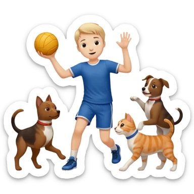 ragazzo basso  che gioca a pallamano circondato da cani e gattu sticker