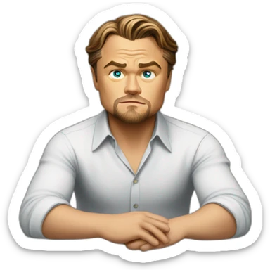 Leonardo DiCaprio sitting on a table and trying to solve a problem in his business sticker