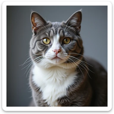 a realistic cat with a white nose and underbelly, gray on the rest of the body, natural fur texture, photorealistic style sticker