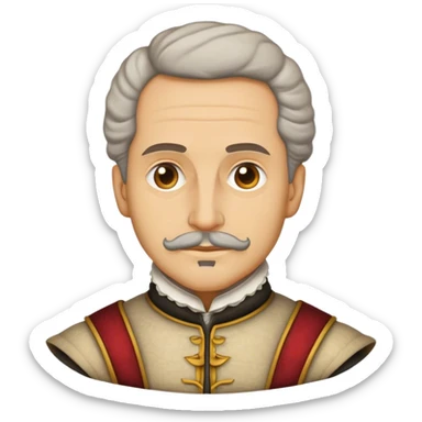 Cinematic Realistic Miguel de Cervantes Portrait Emoji, depicted as a wise thoughtful literary figure in period attire with a reflective gaze, rendered with detailed textures and soft historical lighting that captures his enduring literary legacy. sticker