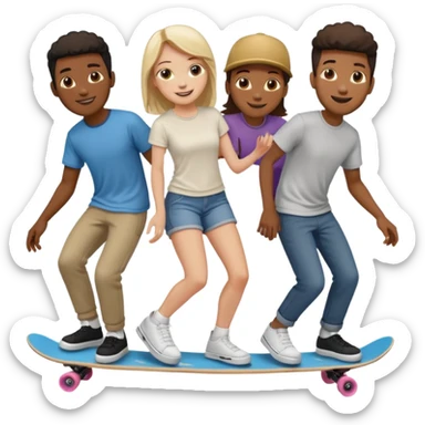 Four people (two black guys, one white guy, one white girl) on one long skateboard sticker