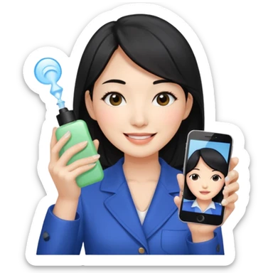 a korean cosmetics marketing expert women with black hair, holding face-mist and phone with smile on sticker