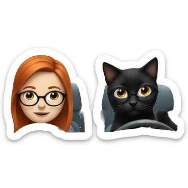 Redhead girl glasses driving blue with 2 black cats  sticker