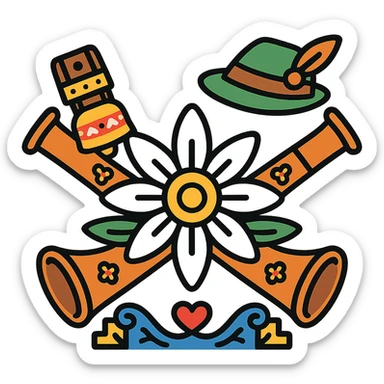 two crossed alpine horns behind an edelweiss, with kitsch alpine elements like a cowbell, a Tyrolean hat, and folkloric patterns, colorful icon style, joyful and traditional atmosphere sticker