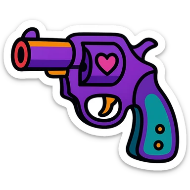 purple heart pistol, vibrant toon style, bold outlines, playful look sticker