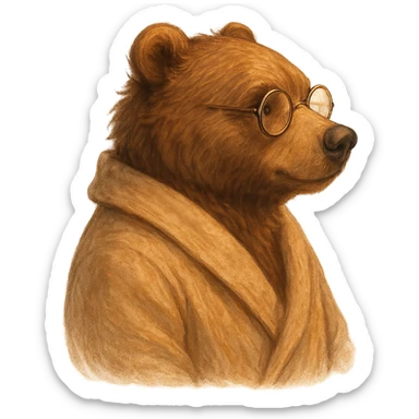 A cute anthropomorphic bear wearing round glasses and a cozy bathrobe, profile view, detailed, semi-realistic style, warm atmosphere. sticker