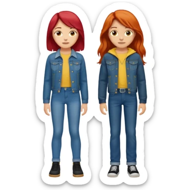 full-length couple, girl with long red hair and brown eyes in blue jeans and yellow top, boy with black hair in denim jacket sticker