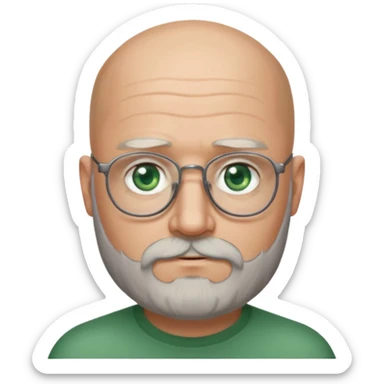 50 years old, green eyes, 2 days salt and pepper beard, bald, glasses sticker