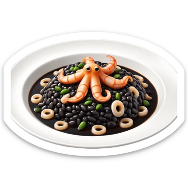 cinematic-realistic-black-risotto-dish-emoji,-showcasing-small squid pieces in black sauce -rendered-with-bold-textures-and-dynamic,-dramatic-lighting in a white plate sticker