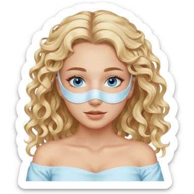 White girl- ocean blue eyes - beauty face mask massage -full care- blonde long curly hair  white off shoulder shirt sticker