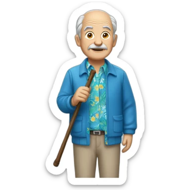 old man holding cane wearing blue Hawaiian shirt and jacket sticker