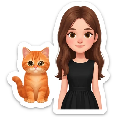 british Baby cat orange with girl long brown hair And black dress sticker