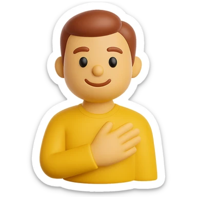Create a 3D emoji style image of a man holding his hand over his heart, matching the pose, color, shirt, and position of the reference image. The style should resemble Microsoft style 3D fluent emojis with a transparent background. sticker