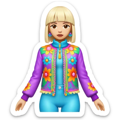 3D, psychedelic colored hippie wearing hip huggers and a fringed jacket with flower border sticker
