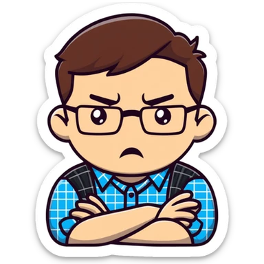 A stiff, uptight person with a scowling face looking fearful, wearing glasses and checkered shirt sticker