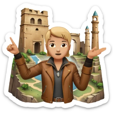Icon for Documentary Film (TV style): A traveler pointing backward and narrating in front of ancient ruins. Include elements like historical landmarks, maps, and exploration tools to evoke a sense of adventure. Transparent background. sticker