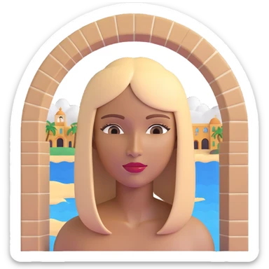close-up of a woman's face with darker blonde straight hair, light brown skin, with the three iconic arches of Atalaia Beach (Aracaju-SE) prominently displayed very close in the background, middle arch taller with round tops, made of tiles sticker