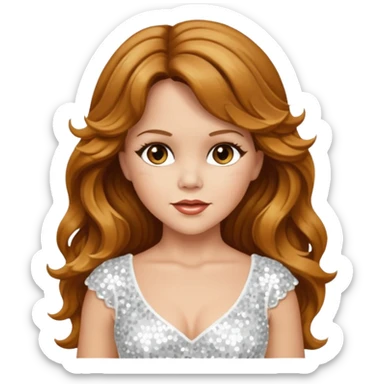 Linda Blair with long golden brown wavy hair, white sequin outfit sticker