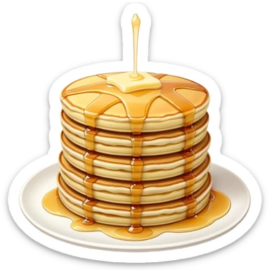 Cinematic fluffy golden pancakes, stacked high, drizzled with maple syrup, topped with fresh butter melting on top, light dusting of powdered sugar, warm and inviting, soft glow and mouthwatering. sticker