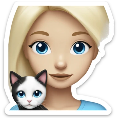 Blonde girl blue eyes snuggling fluffy tuxie black & white cat sticker