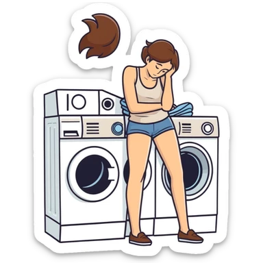 Caucasian woman with brown hair and big boobs wearing a tank top lying on a washer and dryer sticker