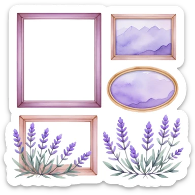 The art style is clean line art with delicate watercolor textures, pastel colors, and a dominant palette of lavender, soft lilac, and muted purple.  Delicate frames to border text sticker