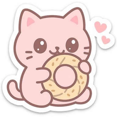 pink cat eating simit, kawaii style sticker