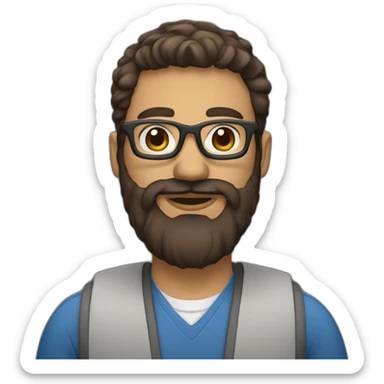 software engineer with brown beard and classes sticker